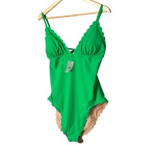 NWT! J. Crew Factory Bright Green Scalloped Edged OnePiece, Large